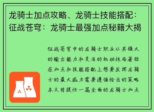 龙骑士加点攻略、龙骑士技能搭配：征战苍穹：龙骑士最强加点秘籍大揭秘